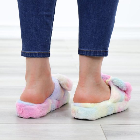 Bow Tie Plush Slip On Tie Dye Slippers - Picture 10 of 16